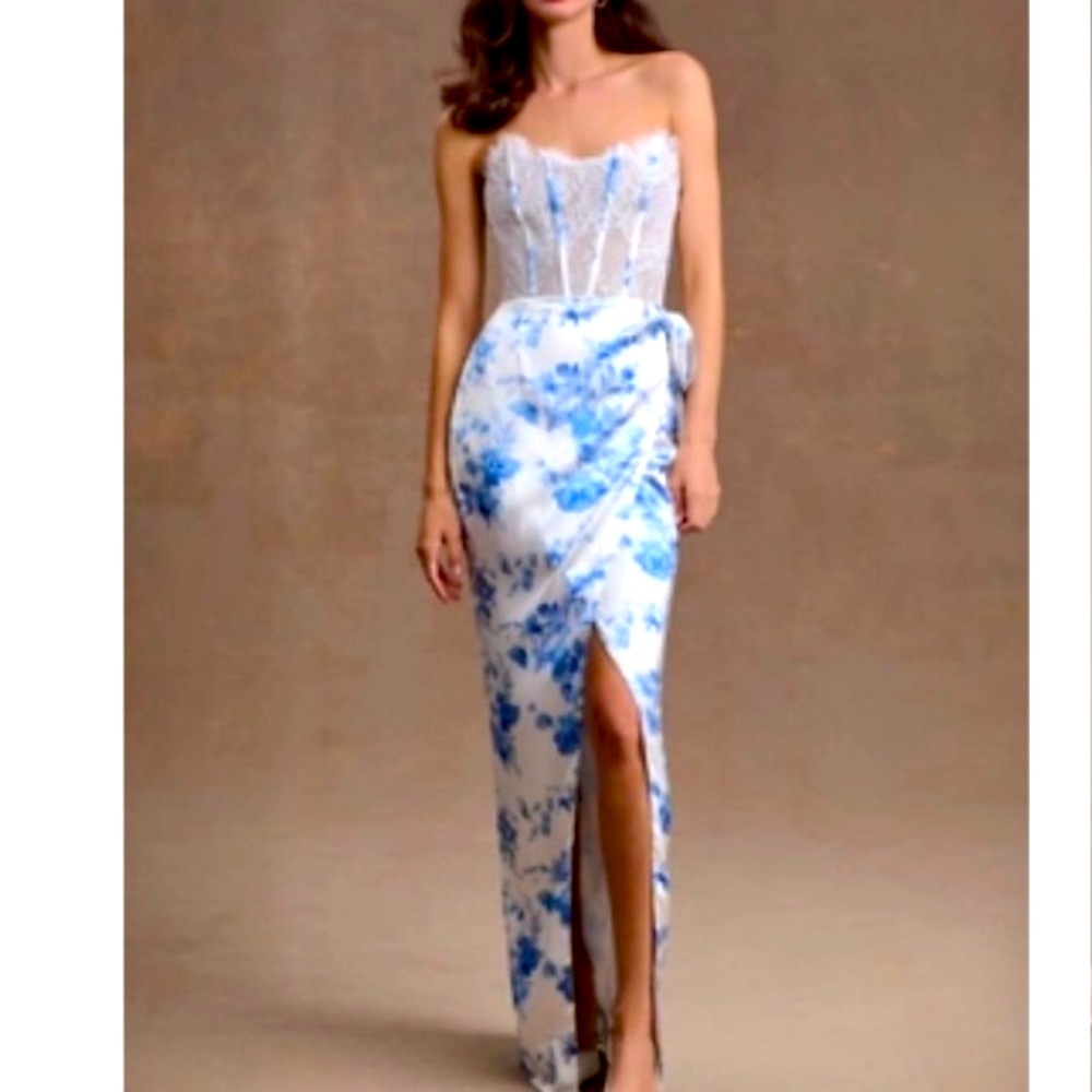 V. Chapman January Corset column wrap gown, satin white blue flowers
